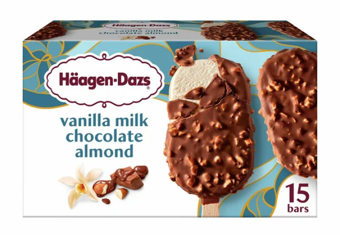 Barras de helado de almendras, chocolate con leche y vainilla Häagen Dazs.