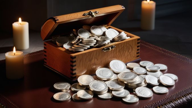 Caja de madera con monedas de plata.