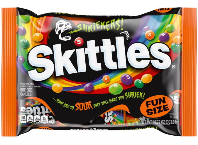 SKITTLES Shriekers Halloween Sour Candy Fun Size Bag.