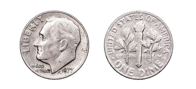 Moneda de diez centavos de Estados Unidos de 1977, un año después de las celebraciones del bicentenario de la independencia estadounidense.